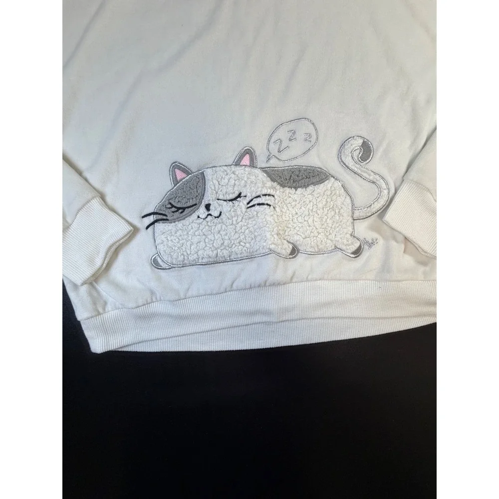 Justice Girls White Sleeping Cat Sherpa Graphic Sweatshirt Size 12/14 L J9